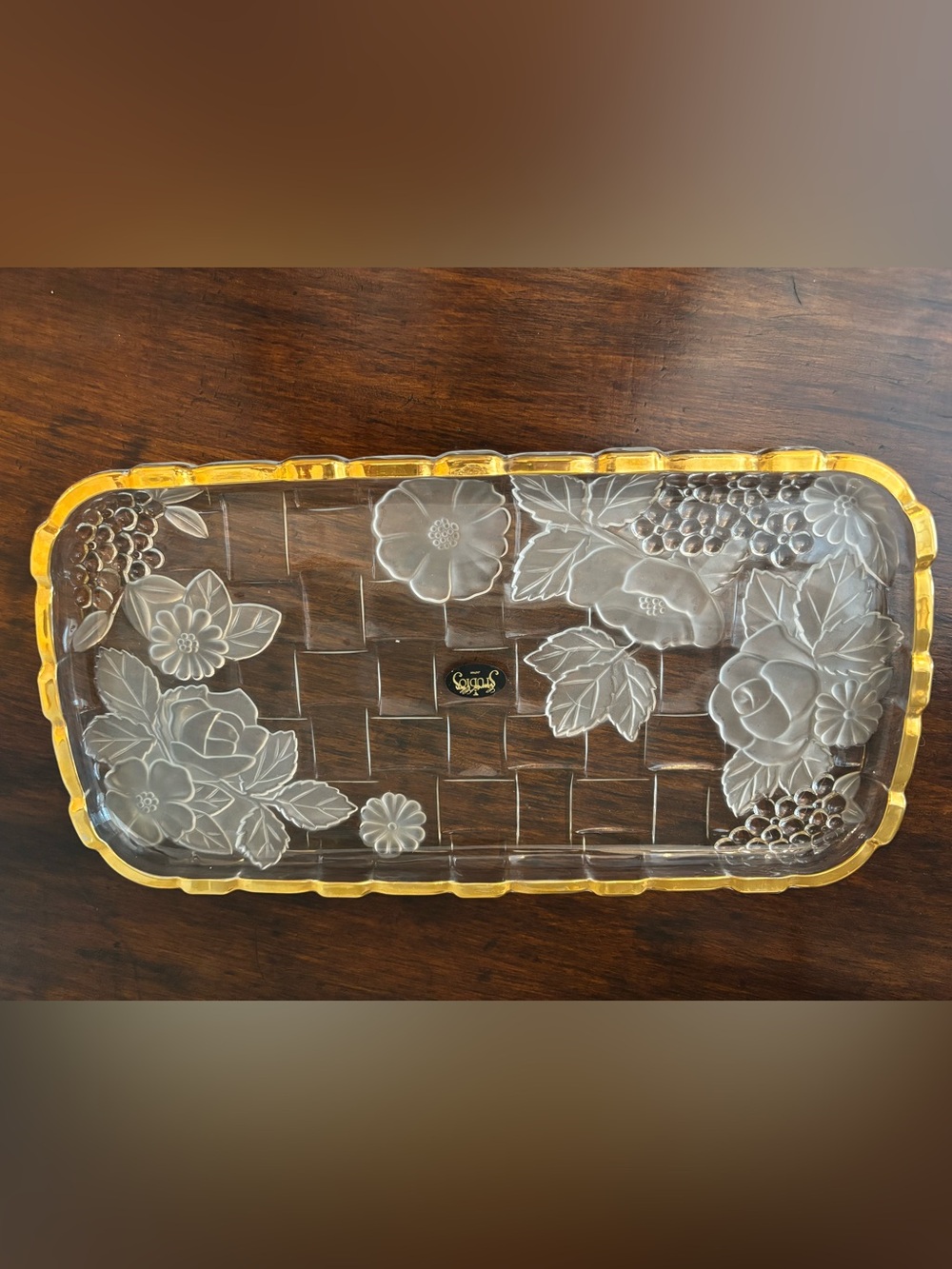 Crystal Clear Studios Japan Frosted Crystal Rectangular Serving Tray Gold Trim